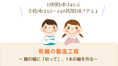 乾麺の製造工程～麺の幅に「切って」、1本の麺を作る～　初期乾燥は45分本乾燥は10～24時間乾燥させるよ