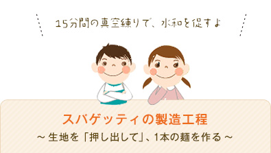 スパゲッティの製造工程～生地を「押し出して」、1本の麺を作る～　15分間の真空練りで、水和を促がすよ