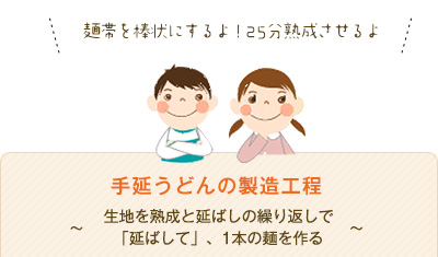 手延うどんの製造工程～生地を熟成と延ばしの繰り返しで「延ばして」、1本の麺を作る～　麺帯を棒状にするよ！25分熟成させるよ